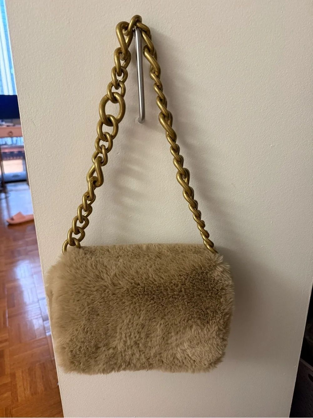 Zara Faux Fur Shoulder Bag with Chunky Gold Chain